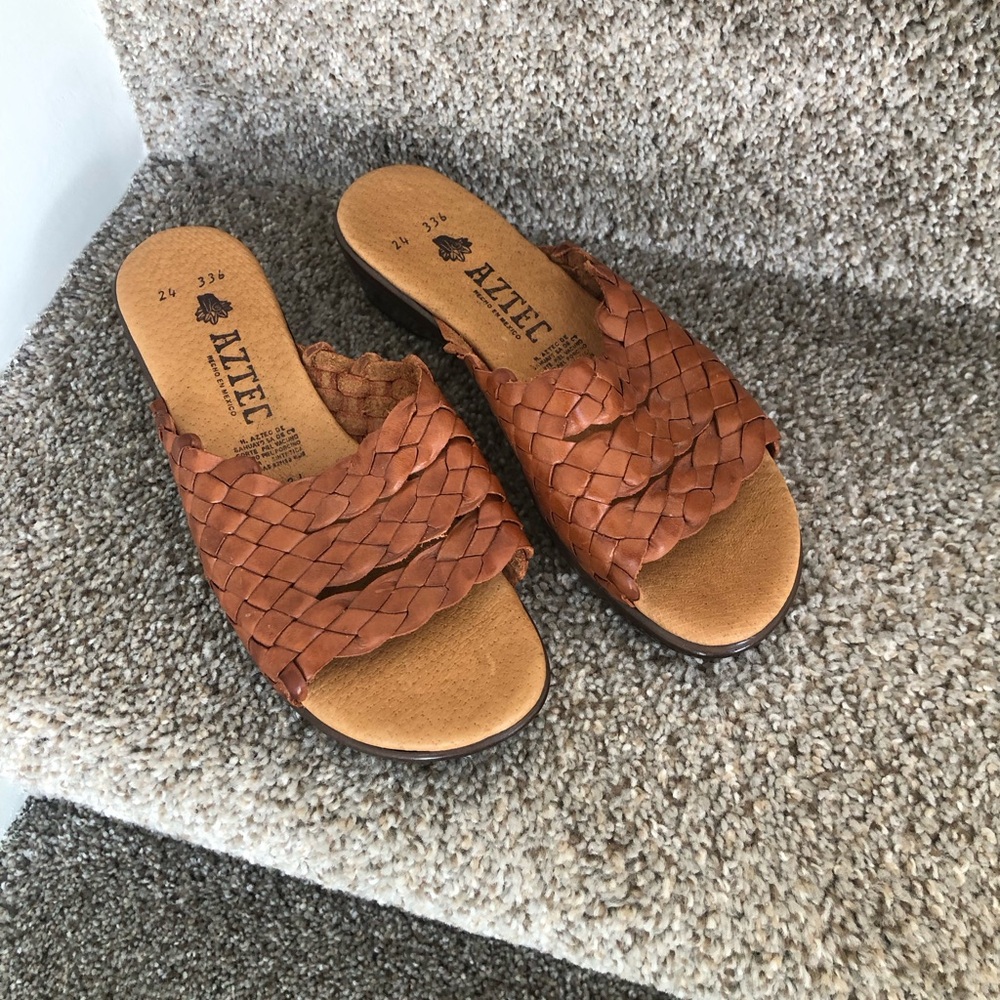 Aztec Braided Leather Slide Mules in Cognac - Picture 2 of 16